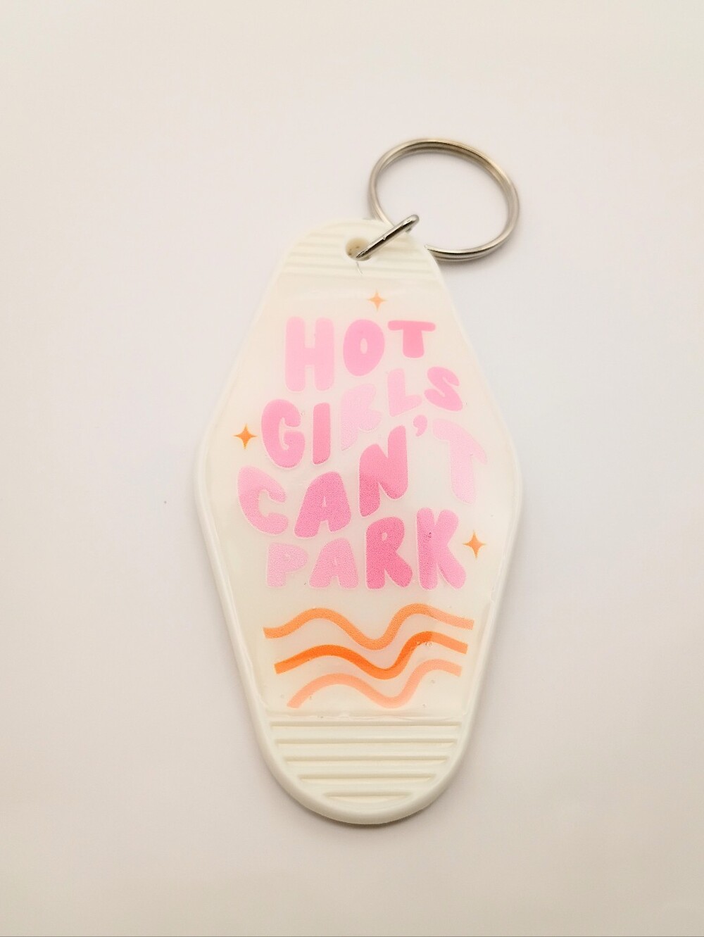Hot Girls Can't Park White Motel Keychain Pink Bag Charm Funny Gift UV Resin